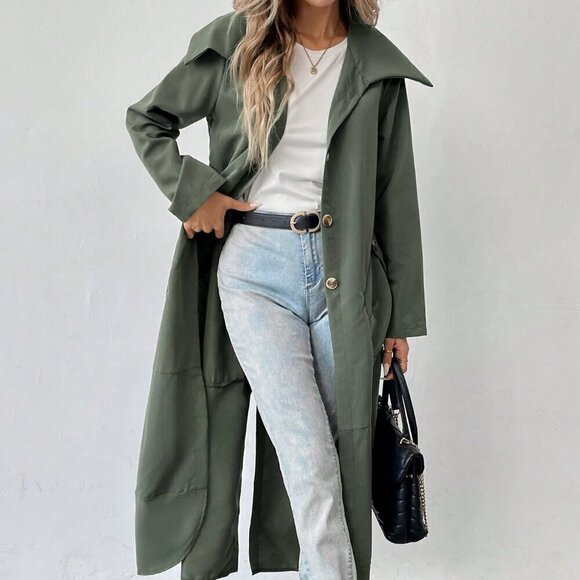 Army Green Casual Women's Solid Color Double Pocket Long Jacket - Picture 3 of 5